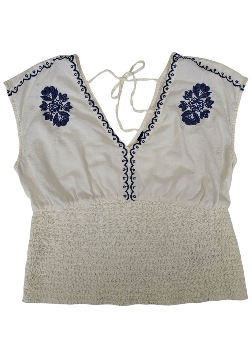 Old Navy White Embroidered Blue Floral Smocked Waist-Defined Top Women's Large - Picture 4 of 15